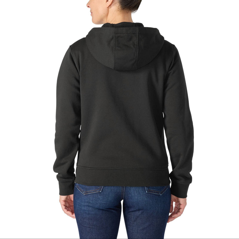 Load image into Gallery viewer, A woman viewed from the back wearing a black pullover hoodie and blue jeans against a plain white studio background.
