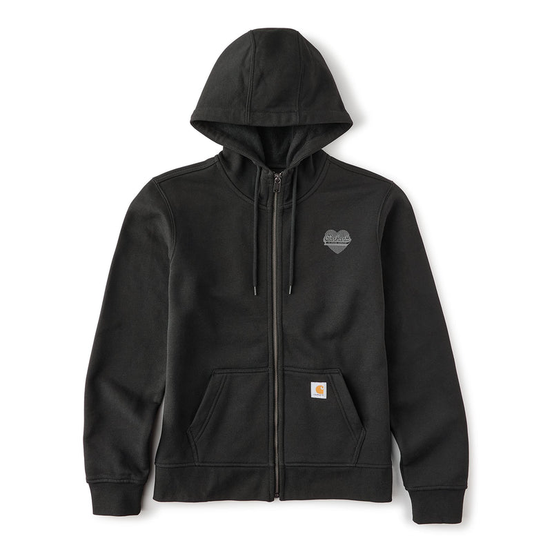 Load image into Gallery viewer, A black zip-up hoodie with a small gray heart-shaped Carhartt logo on the left chest and a signature orange and white Carhartt patch on the front pocket, shown against a plain white background.
