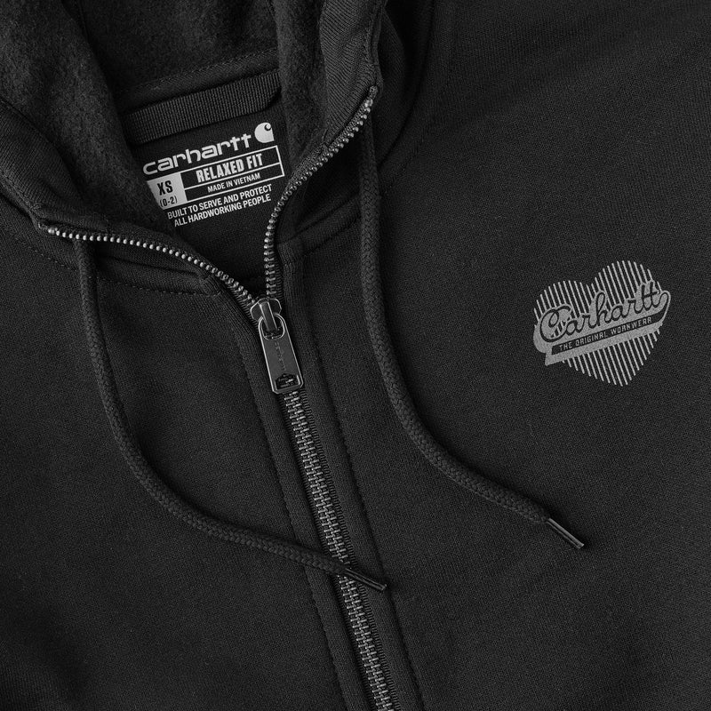 Load image into Gallery viewer, Close-up of a black Carhartt zip-up hoodie showing the inner neck label, drawstrings, zipper, and a gray heart-shaped embroidered Carhartt logo on the chest.
