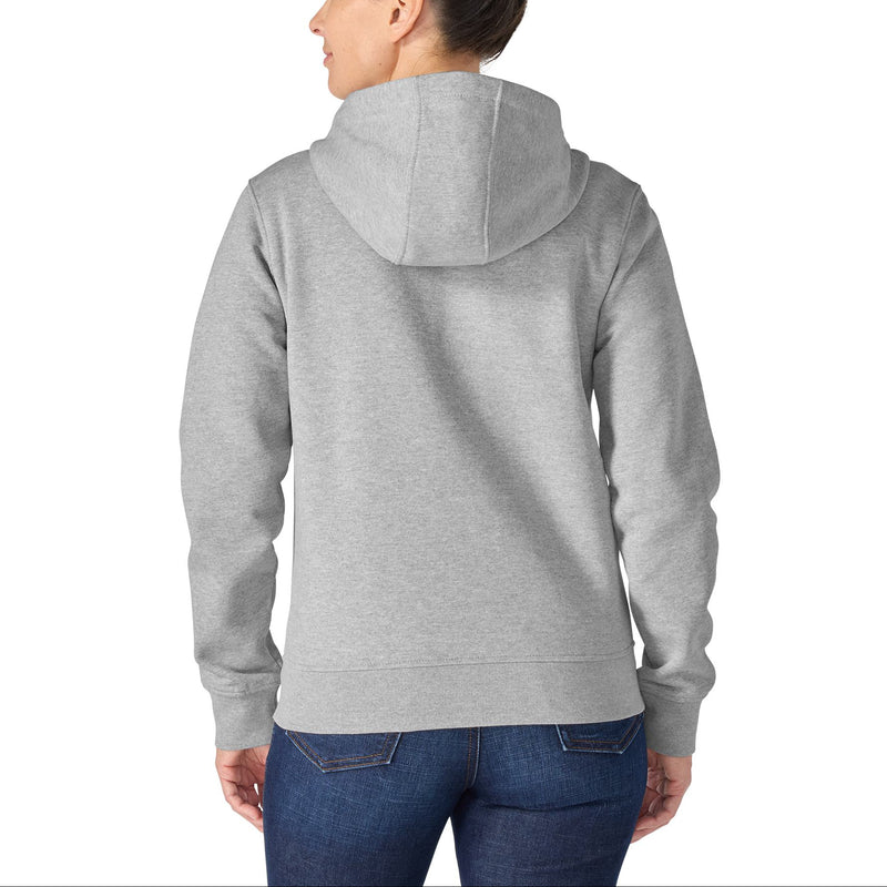 Load image into Gallery viewer, A woman viewed from the back wearing a light heather gray pullover hoodie and blue jeans against a plain white background.
