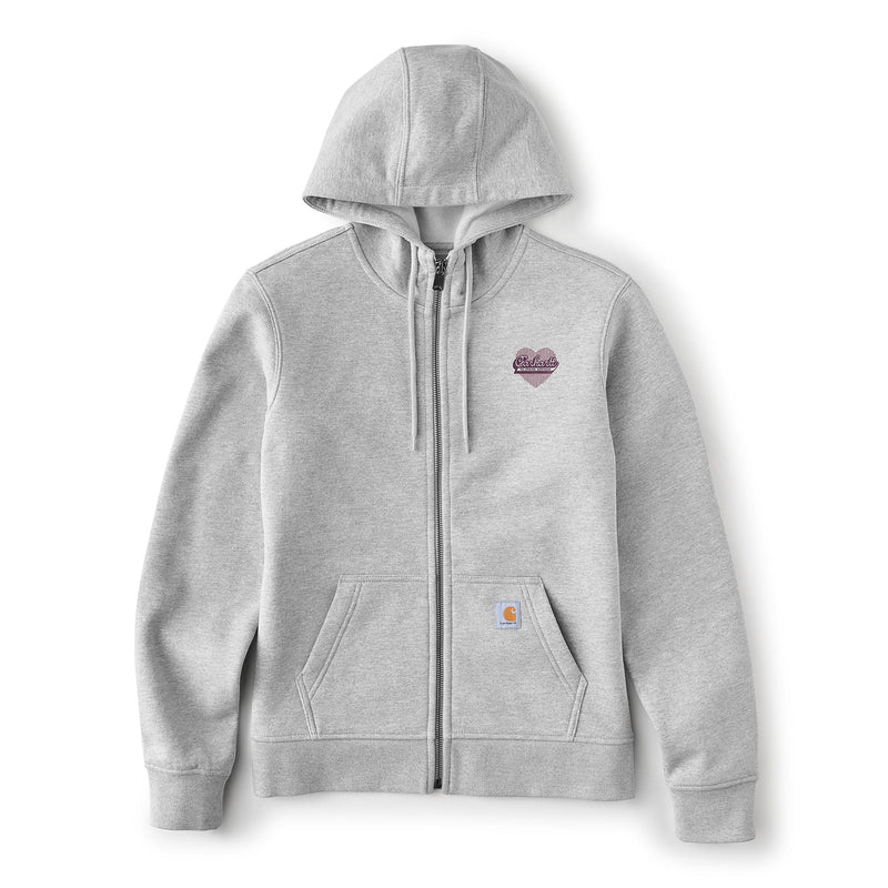 Load image into Gallery viewer, A light gray heather zip-up hoodie with a drawstring hood, kangaroo pockets, and a small Carhartt logo patch on the pocket. It features a subtle purple heart graphic on the left chest.
