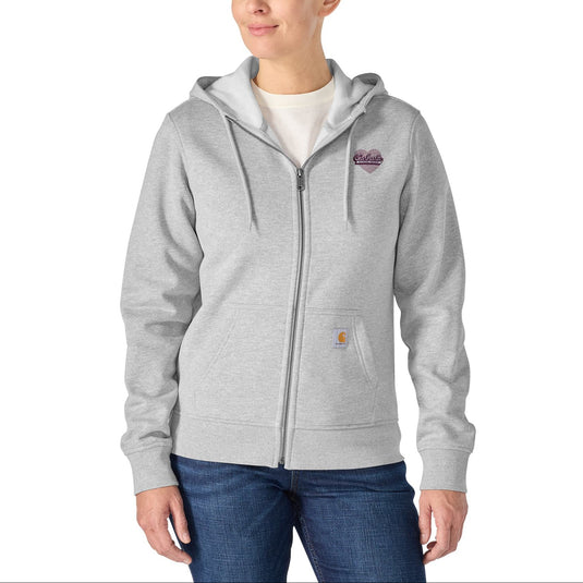 Woman wearing a heather gray Carhartt zipper hoodie with a heart Carhartt logo on the right chest