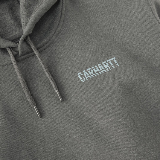 Close-up of a dark gray heathered hoodie with matching drawstrings and a white embroidered Carhartt logo on the chest.