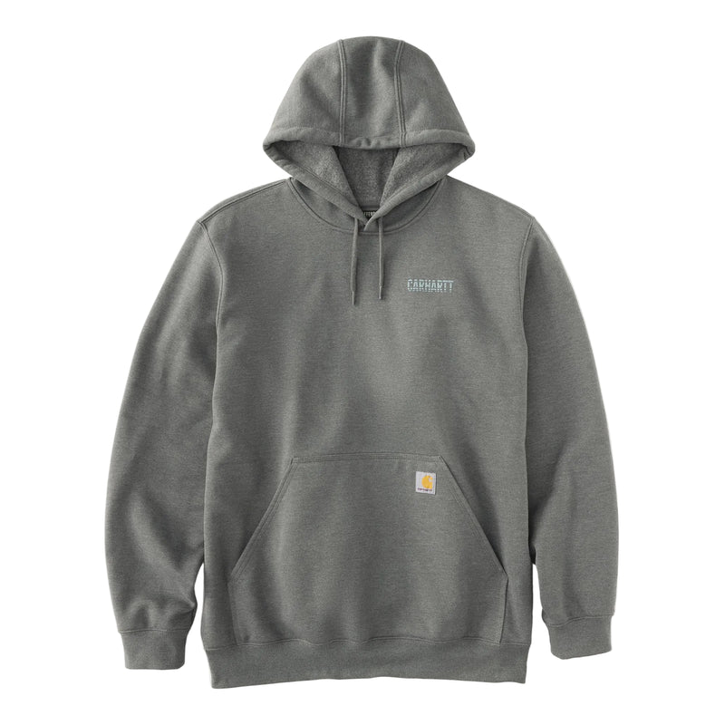 Load image into Gallery viewer, A dark gray heathered pullover hoodie with a drawstring hood, kangaroo pocket, and a small Carhartt logo embroidered on the chest, displayed on a clean white background.
