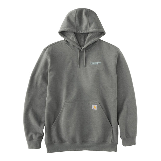 A dark gray heathered pullover hoodie with a drawstring hood, kangaroo pocket, and a small Carhartt logo embroidered on the chest, displayed on a clean white background.