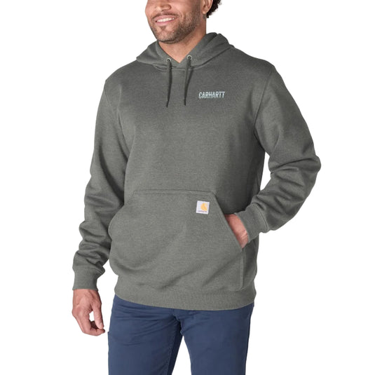 A man wearing a charcoal gray Carhartt pullover hoodie with a small white Carhartt logo on the left chest and a signature brown leather patch on the front pocket, set against a plain white background.