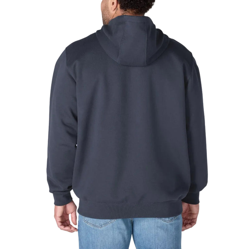 Load image into Gallery viewer, A man viewed from the back wearing a dark navy blue pullover hoodie and light blue jeans against a plain white background.

