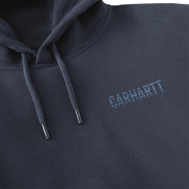 Load image into Gallery viewer, Close-up of a dark charcoal gray hoodie featuring a tonal blue-gray embroidered Carhartt logo on the chest and matching drawstrings.
