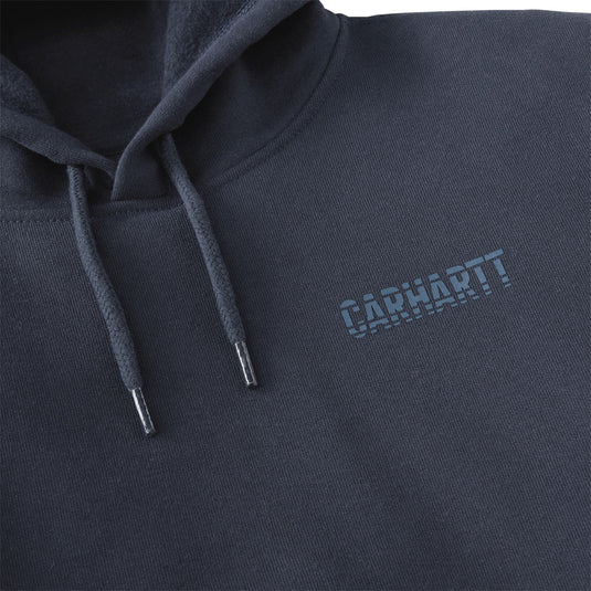 Close-up of a dark charcoal gray hoodie featuring a tonal blue-gray embroidered Carhartt logo on the chest and matching drawstrings.