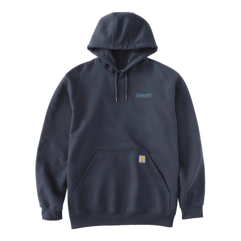 Load image into Gallery viewer, A dark navy blue Carhartt pullover hoodie with a drawstring hood, kangaroo pocket, and the signature yellow Carhartt logo patch on the front pocket, shown against a plain white background.
