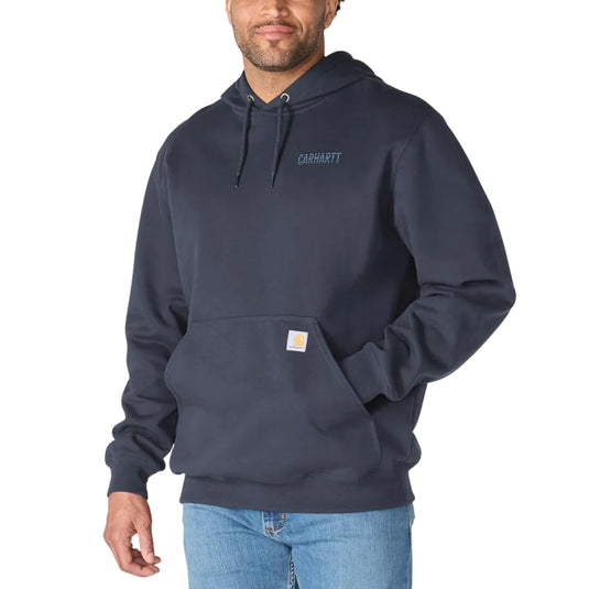 Front view of a man wearing a navy Carhartt hoodie on a white background