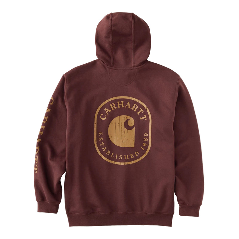 Load image into Gallery viewer, A maroon hooded sweatshirt shown from the back, featuring a large circular Carhartt logo printed in tan on the back and a smaller vertical print on the left sleeve, set against a plain white background.
