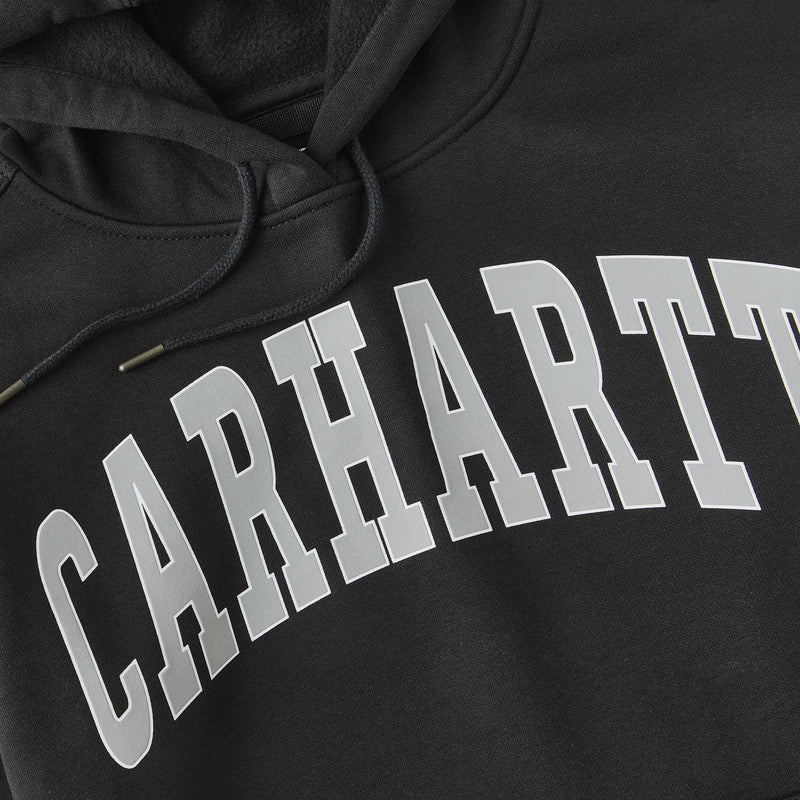 Load image into Gallery viewer, Close-up of a black hoodie featuring the brand name 'CARHARTT' printed in large, arched white varsity-style letters across the chest.
