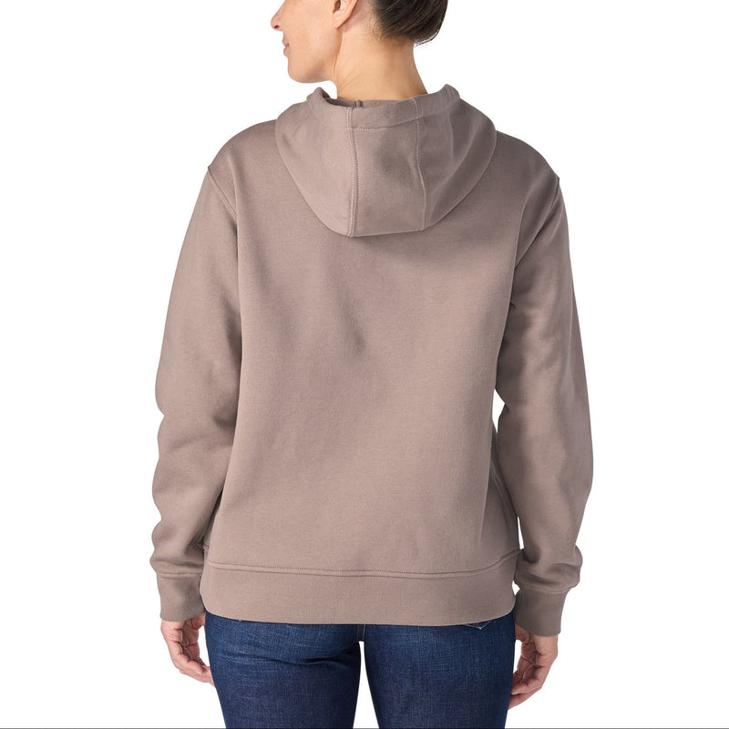 Load image into Gallery viewer, A woman viewed from the back wearing a plain taupe-brown pullover hoodie and blue jeans against a clean white background.
