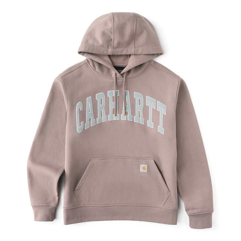 Load image into Gallery viewer, A dusty rose brown Carhartt pullover hoodie with 'CARHARTT' printed in light blue varsity letters across the chest and the signature Carhartt logo patch on the front pocket, shown on a plain white background.
