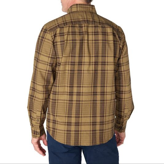 A man viewed from the back wearing a brown and tan plaid button-down shirt and navy pants, set against a plain white background.