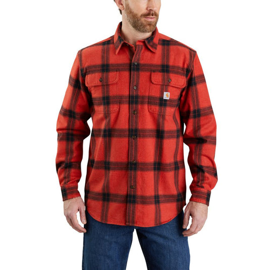 Man wearing a red and black plaid shirt on a white background