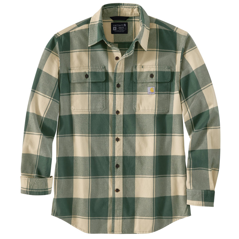 Load image into Gallery viewer, Green and beige plaid shirt on a white background
