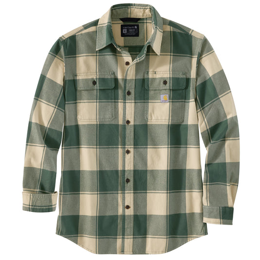 Green and beige plaid shirt on a white background