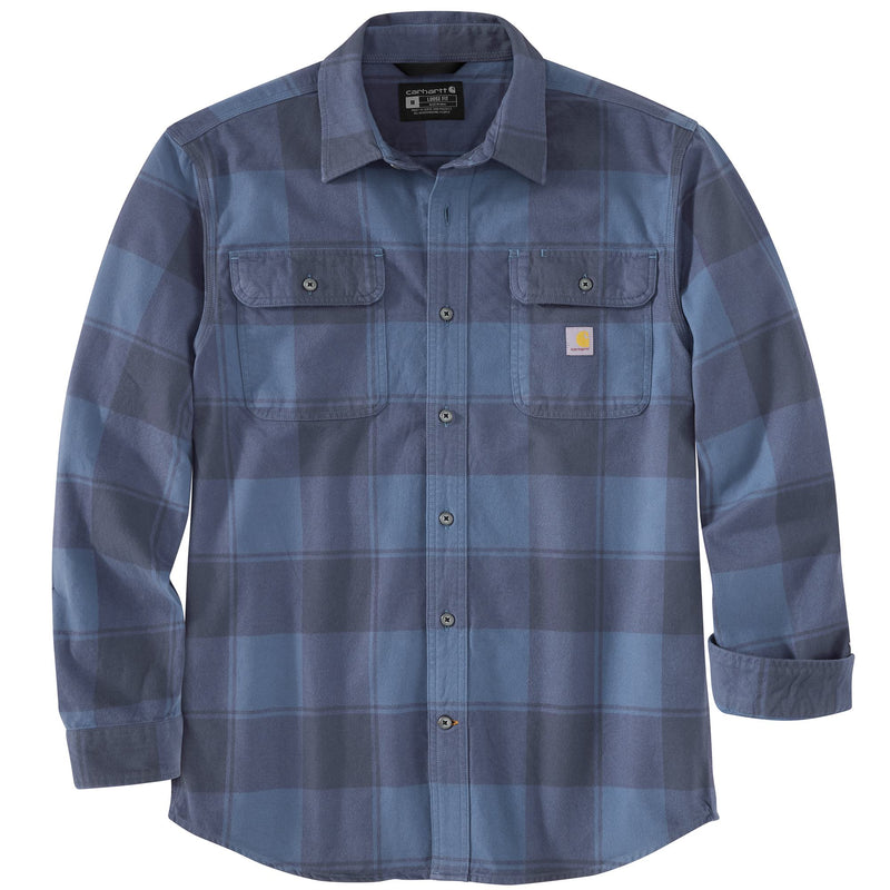 Load image into Gallery viewer, Blue plaid shirt with Carhartt logo on a white background
