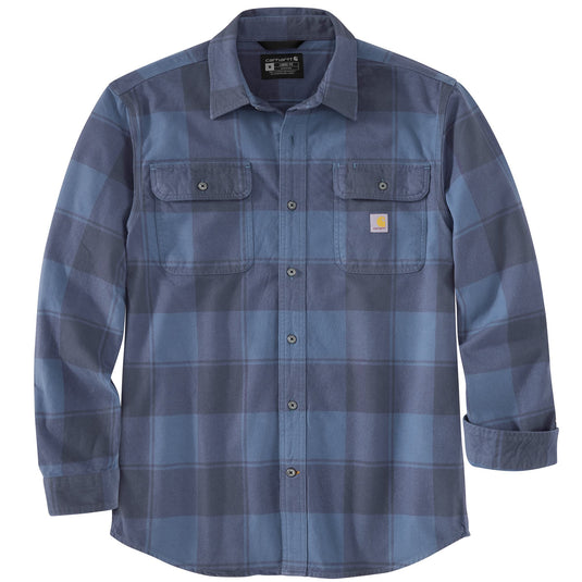 Blue plaid shirt with Carhartt logo on a white background