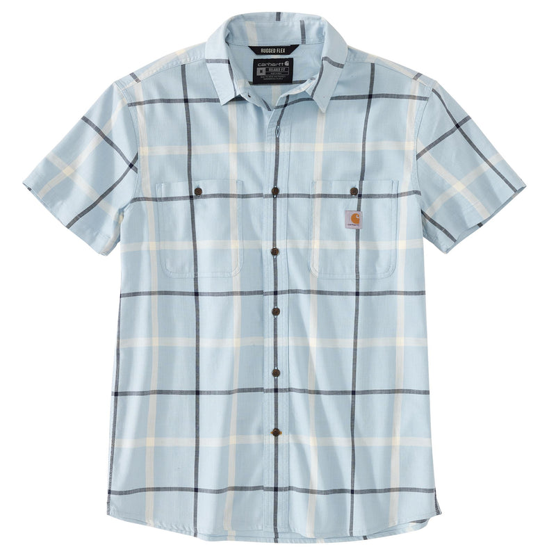 Load image into Gallery viewer, A short-sleeve button-up shirt by Carhartt in a blue color with a black/white plaid pattern. It features two buttoned chest pockets and the signature Carhartt logo patch on the left chest.
