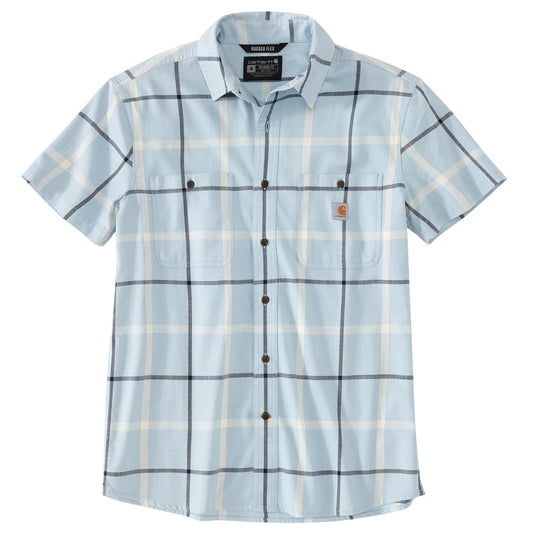 A short-sleeve button-up shirt by Carhartt in a blue color with a black/white plaid pattern. It features two buttoned chest pockets and the signature Carhartt logo patch on the left chest.