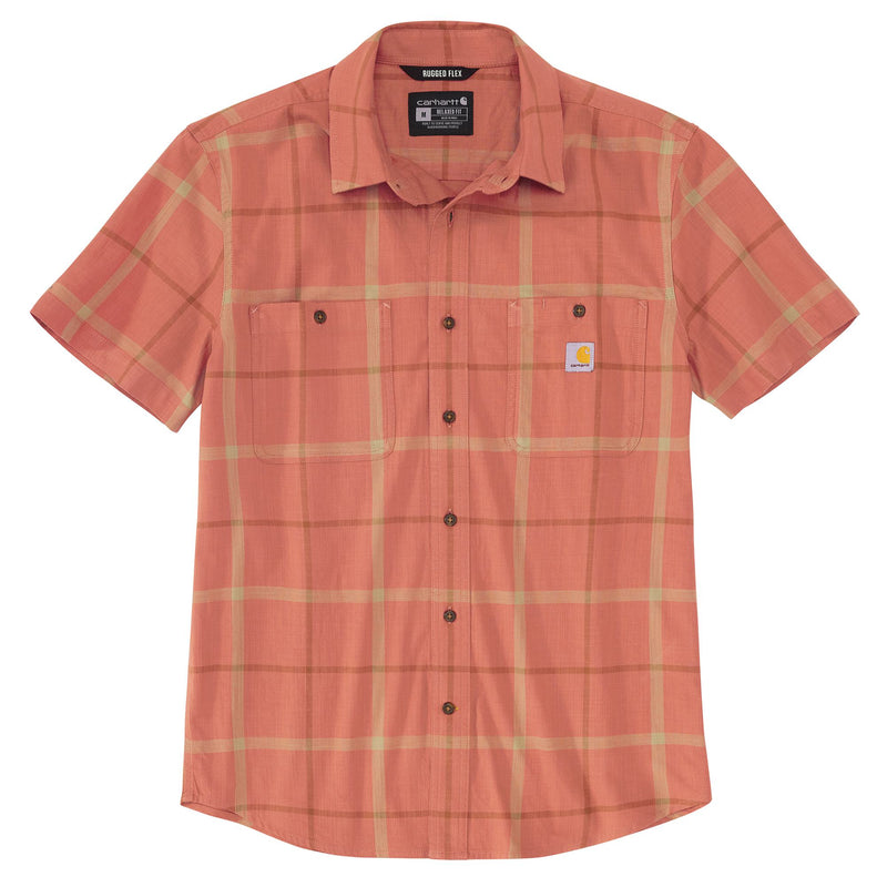 Load image into Gallery viewer, A short-sleeve button-up shirt by Carhartt in a muted orange/terracotta color with a beige plaid pattern. It features two buttoned chest pockets and the signature Carhartt logo patch on the left chest.
