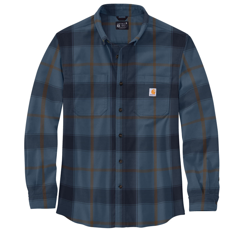 Load image into Gallery viewer, Blue plaid shirt with Carhartt logo on a white background
