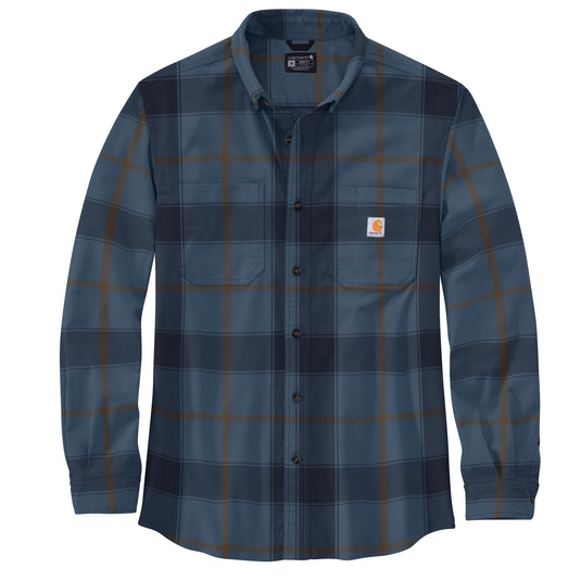 Blue plaid shirt with Carhartt logo on a white background
