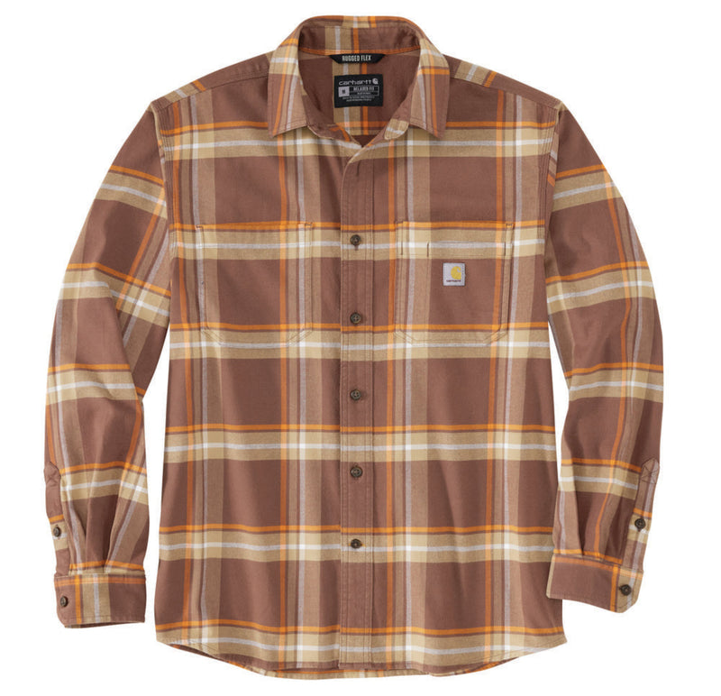 Load image into Gallery viewer, Plaid shirt with brown, orange, and beige colors on a white background
