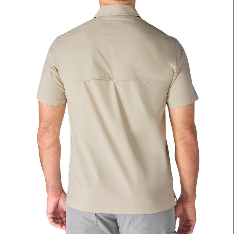 Load image into Gallery viewer, Back shot of Cobblestone Beige short-sleeve button-up shirt worn by a male on a white background

