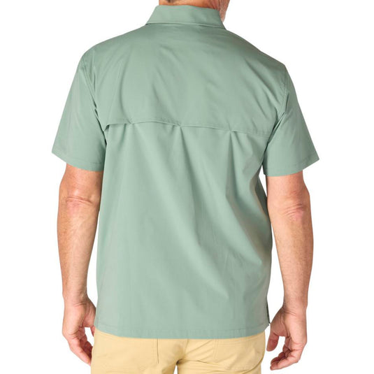Back shot of male wearing a Slate Green short-sleeve button-up shirt on a white background