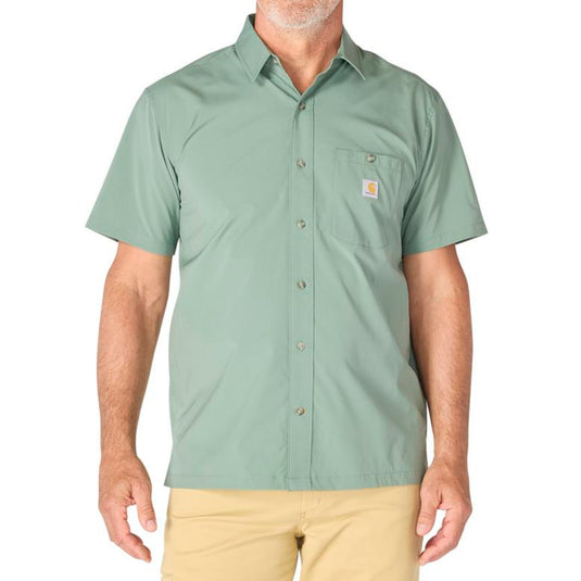 Man wearing a Green slate short-sleeve button-up shirt with a visible Carhartt brand logo on the left chest pocket on a white background