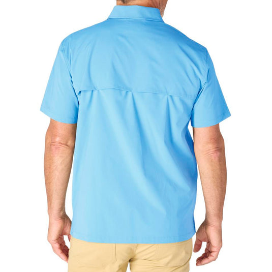 Back shot of male Person wearing a Tranquil blue short-sleeve button-up shirt on a white background