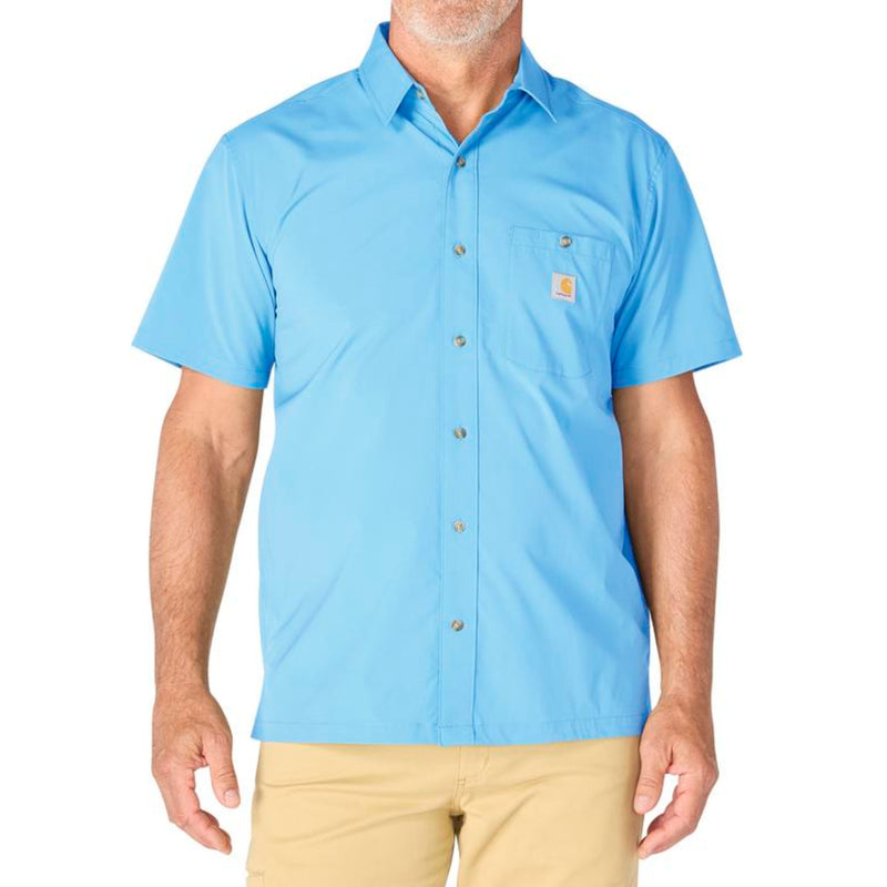 Load image into Gallery viewer, Man wearing a Tranquil blue short-sleeve button-up shirt with a Carhartt logo on the left chest pocket on a white background
