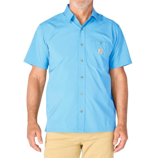 Man wearing a Tranquil blue short-sleeve button-up shirt with a Carhartt logo on the left chest pocket on a white background