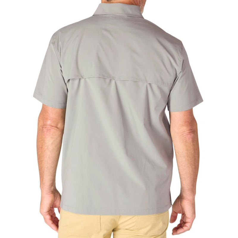 Load image into Gallery viewer, Back shot of male wearing a steel gray short-sleeve button-up shirt on a white background
