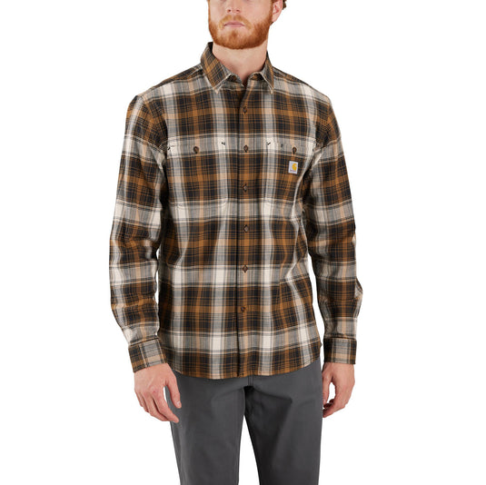 Man wearing a plaid shirt with a visible brand logo on a white background
