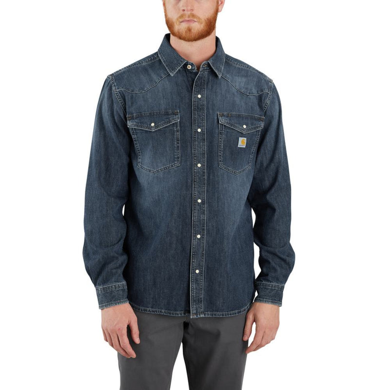 Load image into Gallery viewer, Man wearing a blue denim shirt on a white background
