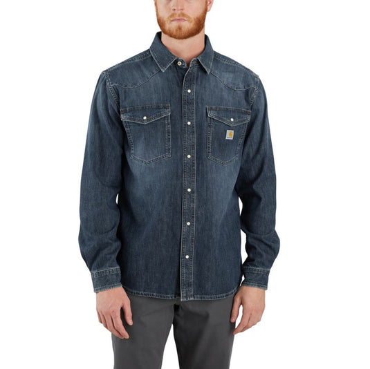 Man wearing a blue denim shirt on a white background