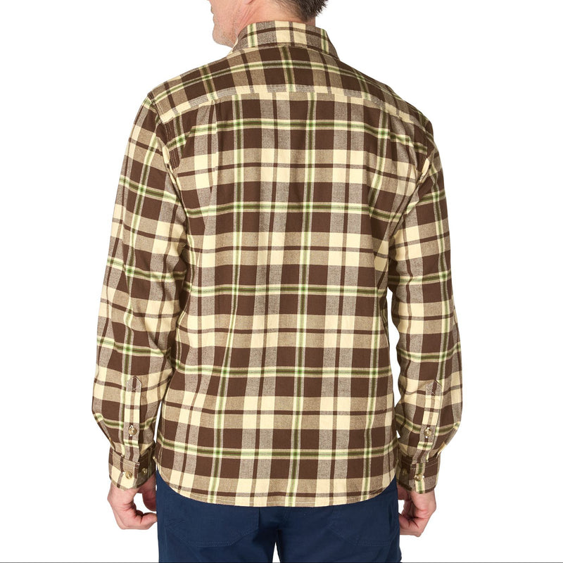 Load image into Gallery viewer, A man viewed from the back wearing a brown and beige plaid long-sleeve button-up shirt, paired with navy pants, against a plain white background.
