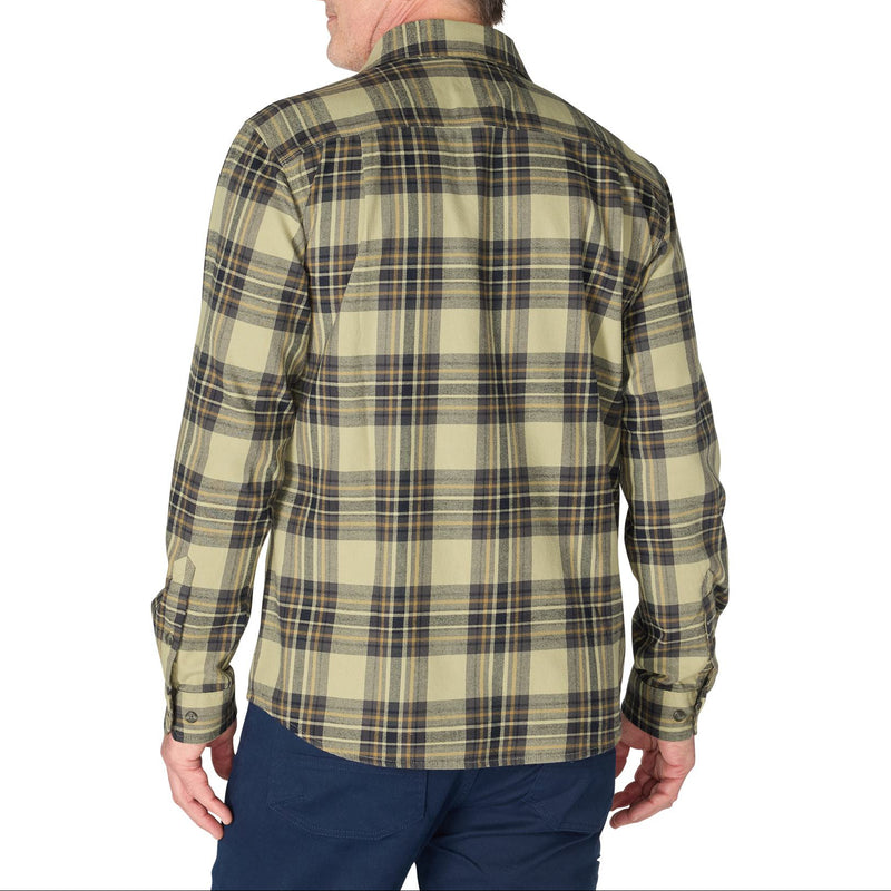 Load image into Gallery viewer, A man shown from the back wearing a long-sleeve plaid button-down shirt in olive green and beige with dark brown and black lines, paired with navy pants, against a plain white background.
