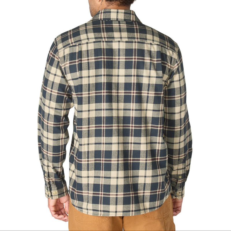 Load image into Gallery viewer, A man viewed from behind wearing a long-sleeve plaid button-up shirt in beige and navy blue, paired with tan pants, against a plain white background.
