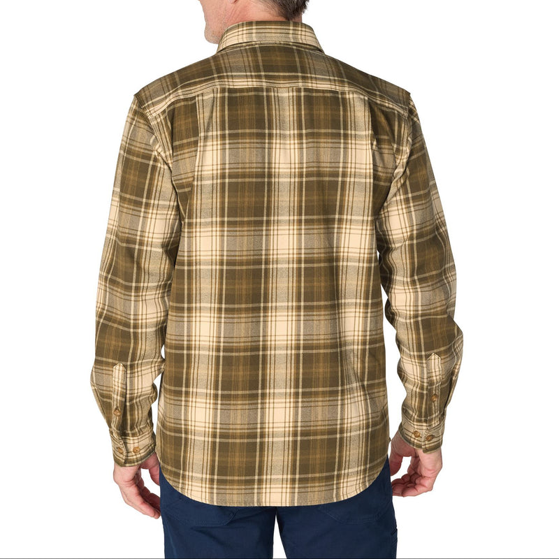 Load image into Gallery viewer, A man viewed from the back wearing a long-sleeve plaid button-up shirt in olive green and beige, paired with navy pants, against a plain white background.
