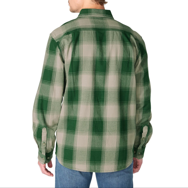 Load image into Gallery viewer, A man wearing a green and beige plaid long-sleeve button-up shirt, shown from the back against a plain white background.
