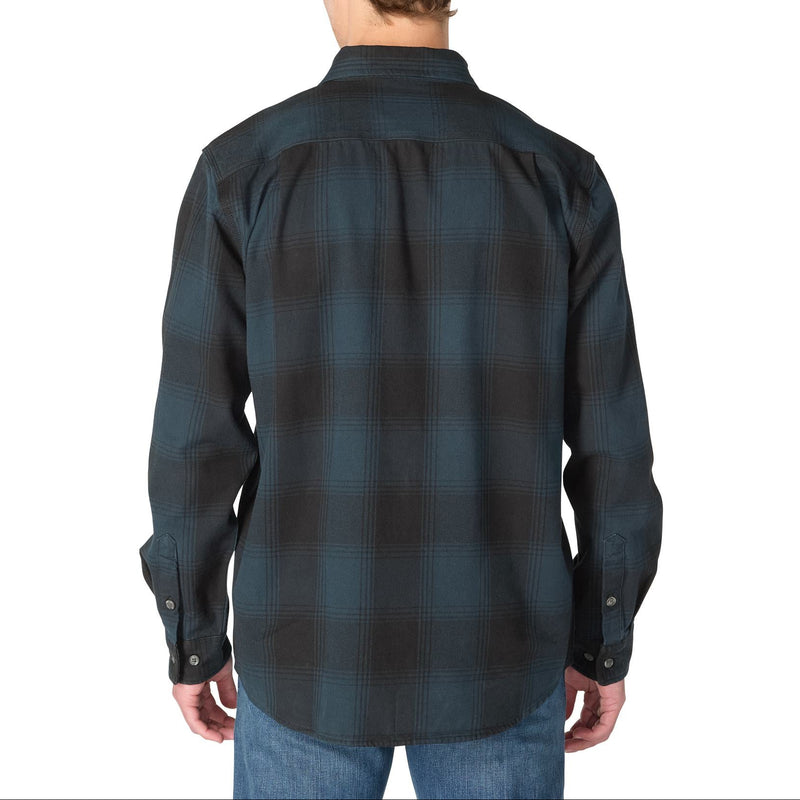 Load image into Gallery viewer, A man viewed from the back wearing a dark plaid button-up shirt and blue jeans against a plain white background.

