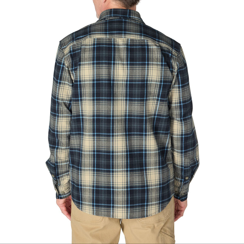 Load image into Gallery viewer, A man viewed from the back wearing a long-sleeve plaid button-up shirt in navy, beige, and white, paired with khaki pants, against a plain white background.
