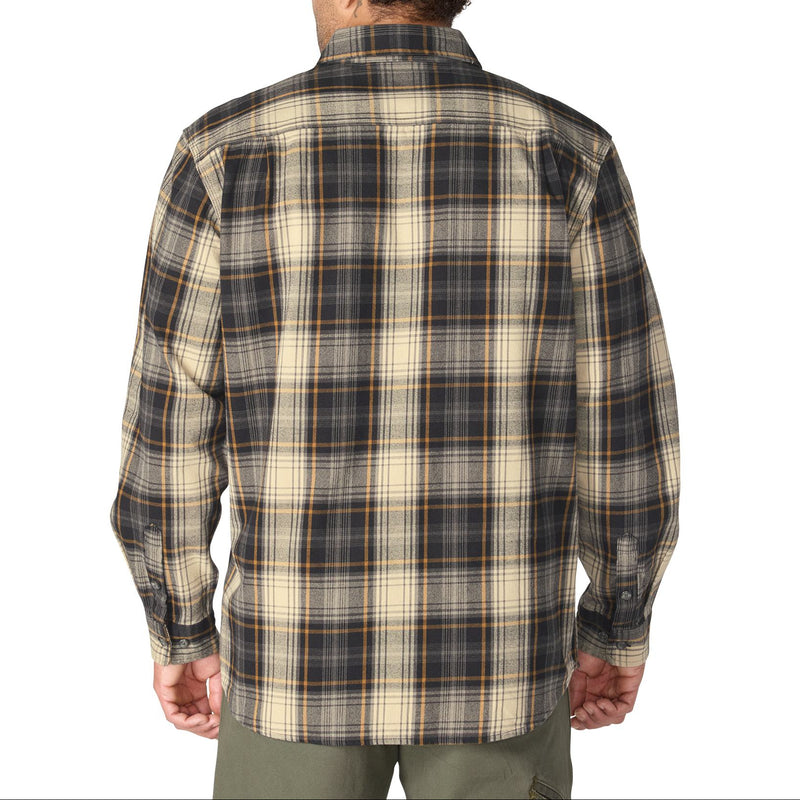 Load image into Gallery viewer, A man viewed from behind wearing a long-sleeve plaid flannel shirt in beige, black, and brown tones, paired with olive green pants, against a plain white background.
