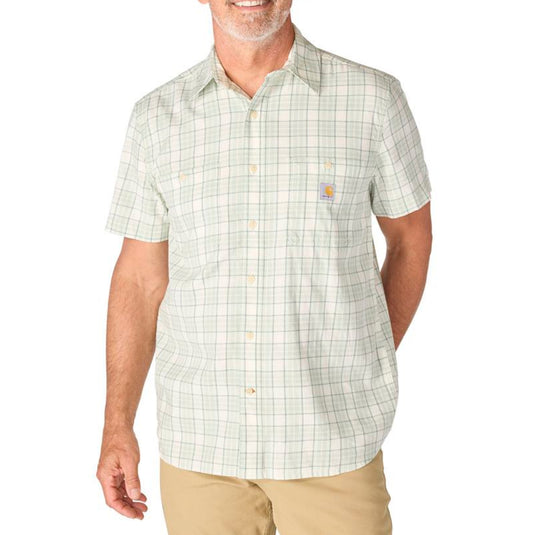 Light green and beige plaid shirt on a white background